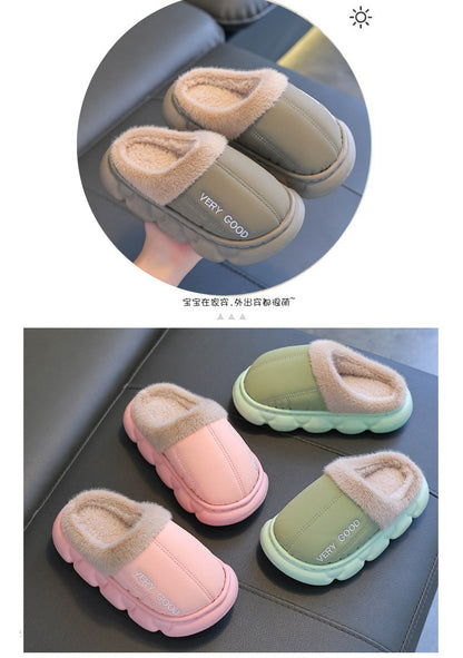 New Children's PU Leather Plush Slippers Soft Sole Non-slip Winter Warm Baby Boys Girls Indoor Home Cotton Shoes