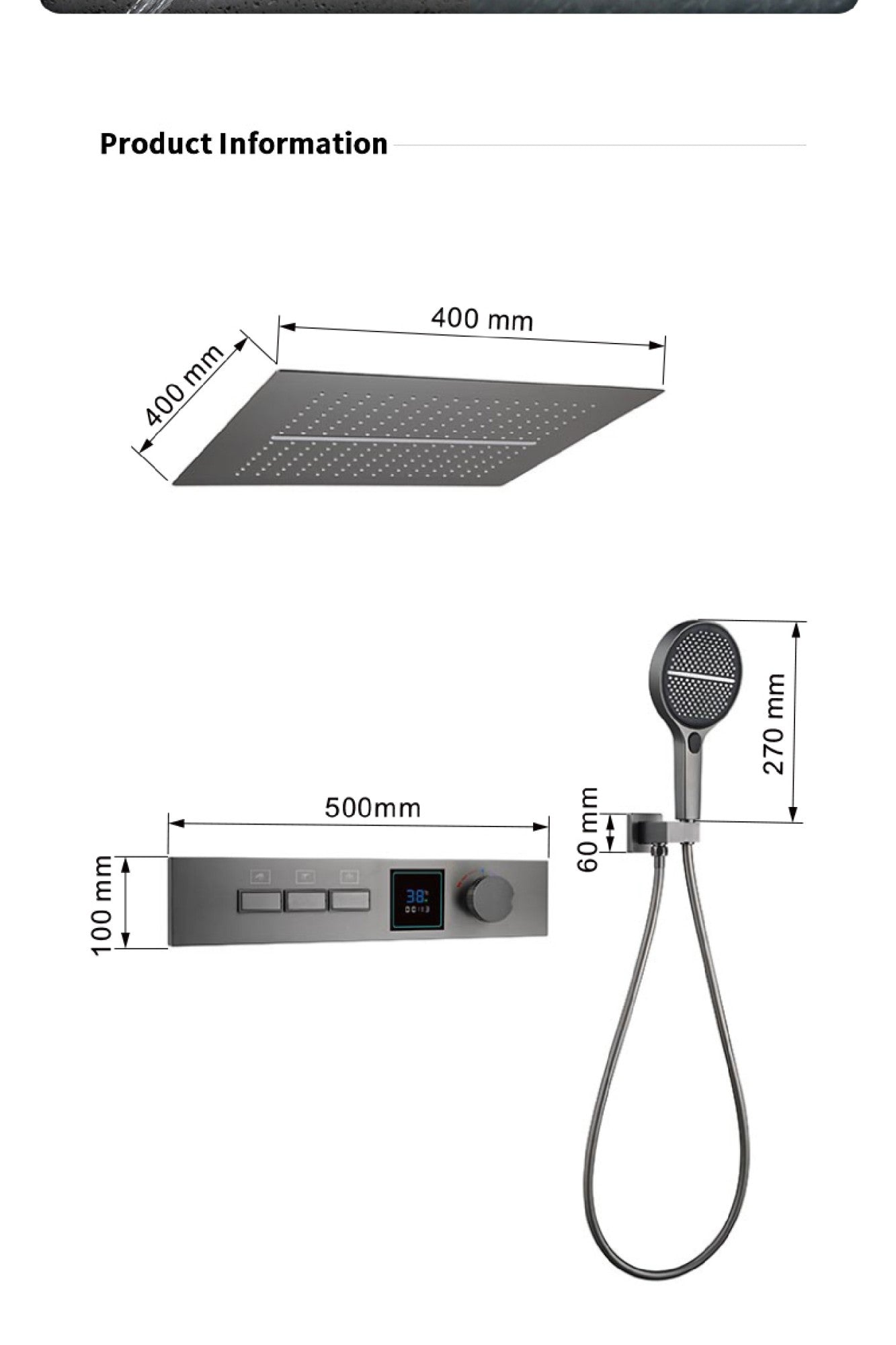 Luxury gun gray brass shower system with LED digital display design Wall mounted constant temperature 3-function bathroom faucet