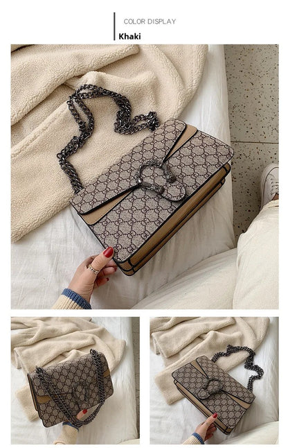 Women Stylish Retro Print Shoulder Crossbody Bag Fashionable Chain Underarm Purse Medium Hardness Polyester Lining