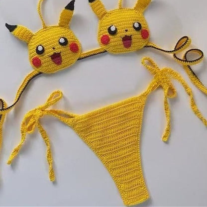 Kwaii Pikachu Girls Sexy Swimsuit Handmade Crochet Cute Bikinis Set 2pcs Womens Swimming Suit String Bikini Thongs Bathing Suit