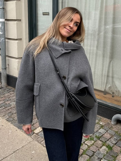 Elegant Stand Collar Woolen Jacket For Women Y2K Single Breasted Button Pockets Coat Lady 2025 Autumn Winter Street Chic Outwear