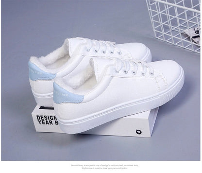 Tênis Feminino de Inverno, Quente, Pelúcia, Sola Vulcanizada, Plataforma, Algodão, Cadarço, Branco, Com Pelúcia, Casual