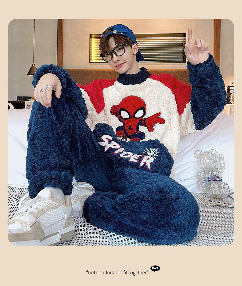 Conjunto de Pijama Masculino Homewear Marvel Homem-Aranha Anime Novo Bonito Desenho Animado Criativo Padrão Simples Moda Flanela Macia Engrossada Quente