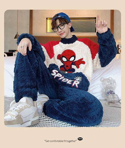 Conjunto de Pijama Masculino Homewear Marvel Homem-Aranha Anime Novo Bonito Desenho Animado Criativo Padrão Simples Moda Flanela Macia Engrossada Quente