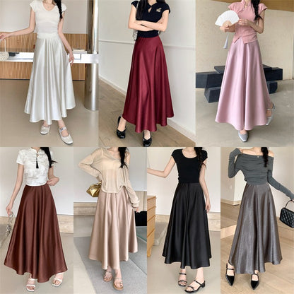 Plus Size Satin Half-Body Skirt Female 2026 Spring New Korean Fashion Temperament Elegant Solid Casual A-line Skirts