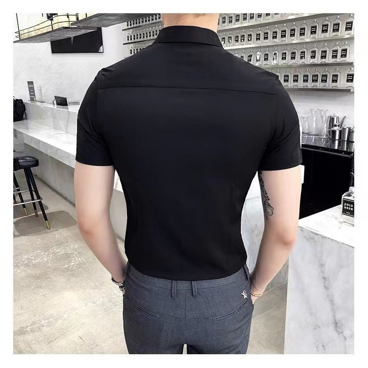 Korean Fashion Trend Casual Elastic Design Sense Short Sleeve Shirt Men's Solid Lapel Collar Button Breathable Simple Slim Tops