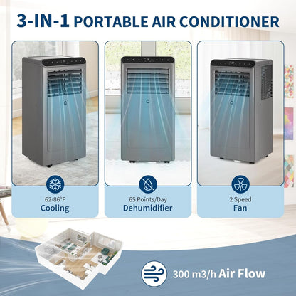 Ar Condicionado Portátil, 10000 BTU ASHRAE (6000 BTU DOE) para Cômodos de até 450 Pés Quadrados, Silencioso 3 em 1 com Função Ventilador e Controle Remoto