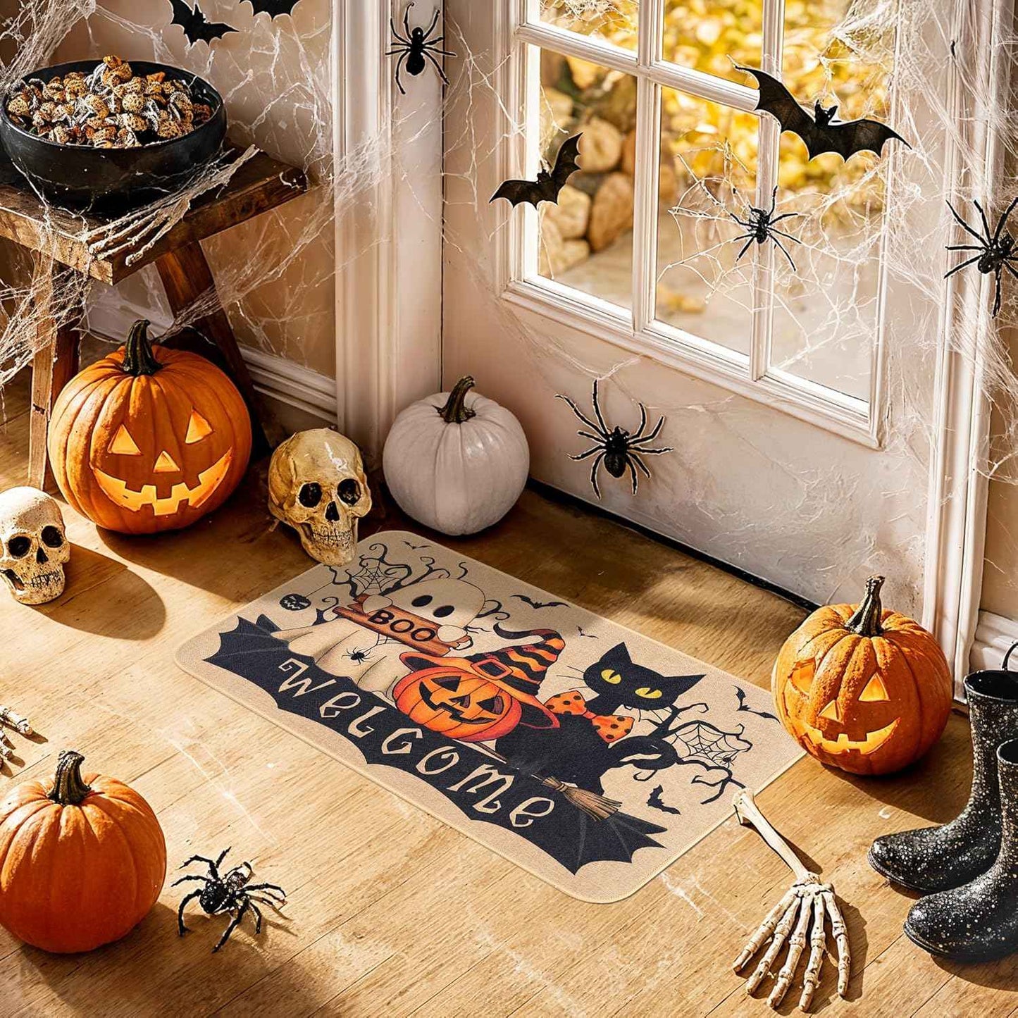 VIKAMA Halloween Welcome Mat Ghost Black Cat Indoor Outdoor Halloween Decorations Porch Entrance Hallway Kitchen Rug