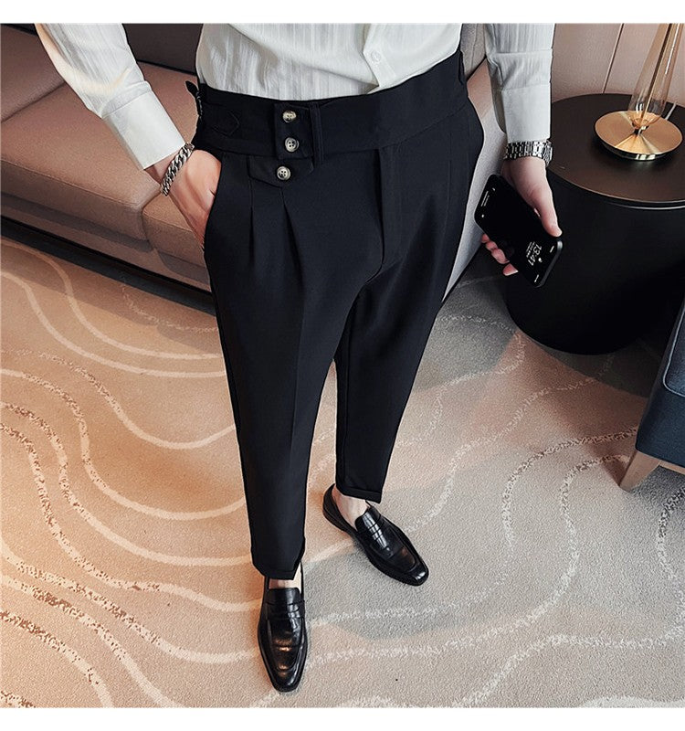 British Style Spring New Solid Business Casual Suit Pants High Waist Button Men Formal Pants High Quality Slim Office Trousers