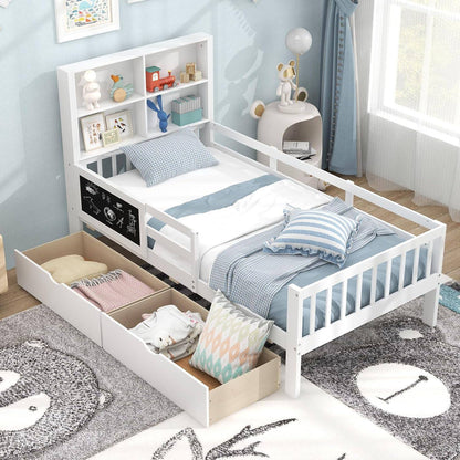 Twin Bed with 2 Storage Drawers, Solid Wood Kids Bed Frame w/Bookcase Headboard & Blackboard, Full-Length Guardrails & W