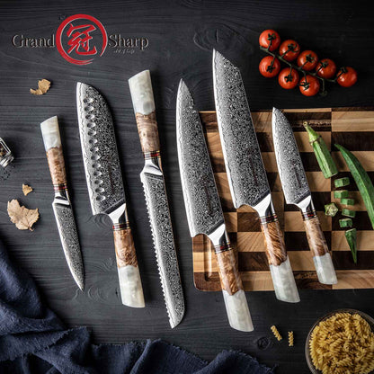 Grandsharp 1-6Pcs Kitchen Knife Set 67 Layer Damascus Steel Solidified Wood Handle Chef Utility Paring Knife with Gift Box