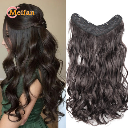 ?V-Shaped Clip in Extensions Synthetic 4-Clips Wavy Hair Extensions Brown Black One Piece Extensions for Women Daily Wear