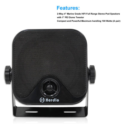 Alto-falantes Bluetooth marinhos à prova d'água Herdio 4" 100W para serviço pesado, montados em superfície para trailer, minicarregadeira, quadriciclo, UTV, RZR, carrinho de golfe