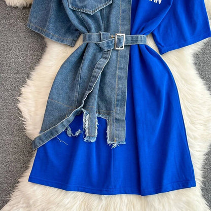 XFPV Women's Sweet high Waist Wrap Belt Round Neck patchwork Denim Shirt  Chic Top Y2k Korean Fashion Spring Summer 2025 SM11327