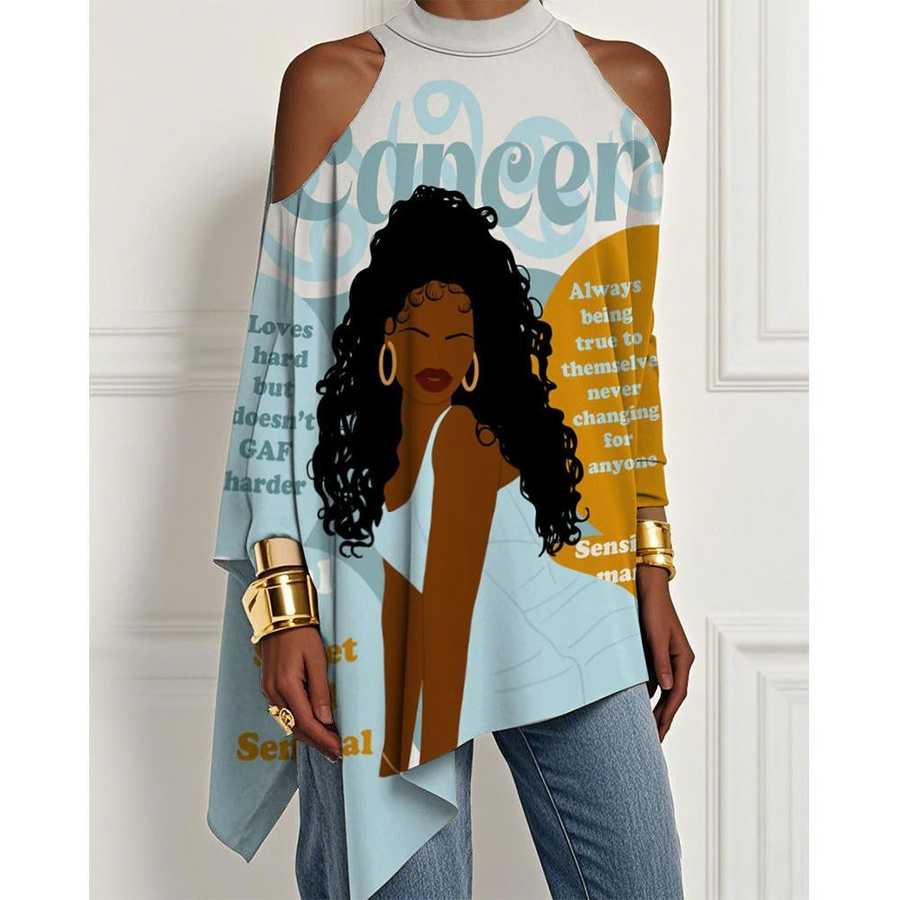 European And American Trendy Printed Off-the-shoulder Skirt Irregular Hem Design Dress Fashionable Loose Long-sleeved T-shirt