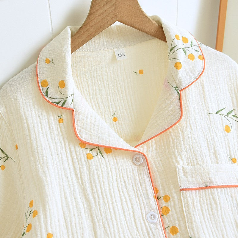 New summer women's cotton crepe three-piece short sleeve + shorts + trousers large size simple flower pajamas home service suit