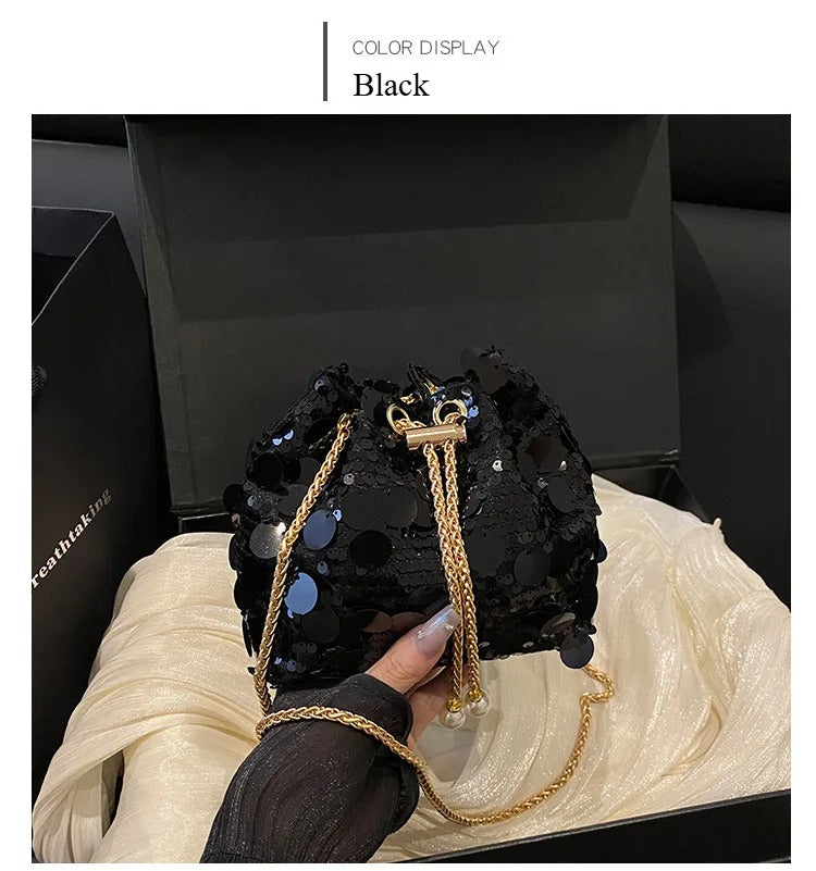 Sequin Chain Women's Portable Bucket Shoulder Bags Retro Ladies Dinner Party Clutch Purse Luxury Design Female Crossbody Bag