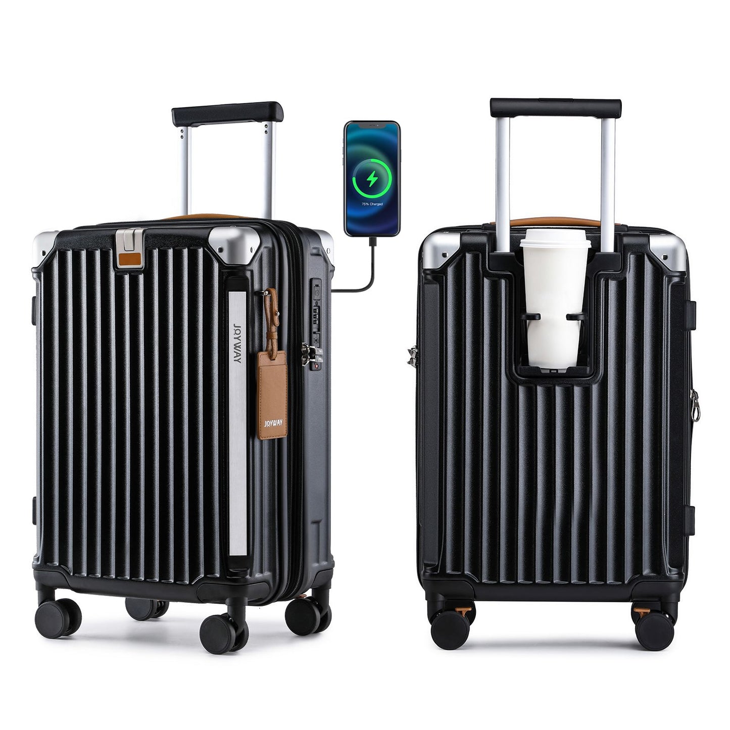 Conjuntos de Bagagem Joyway 3 Peças, Malas Expansíveis com Porta-Copos Inteligente e Porta USB, Malas Rígidas de Bordo e Despachadas com Cadeado TSA