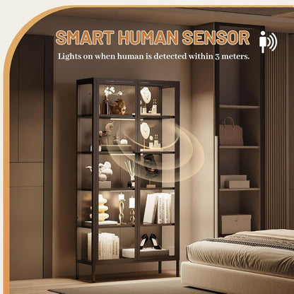Glass Door Display Cabinet with 71 H, 5 Shelves, LED Sensor Lighting for Curio Showcases