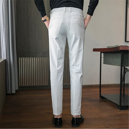 White Vertical Stripes Suit Pants Men, Blue Black Trousers, Fashion Slim Men's Pant Business Pantalones Hombre Autumn New Slacks