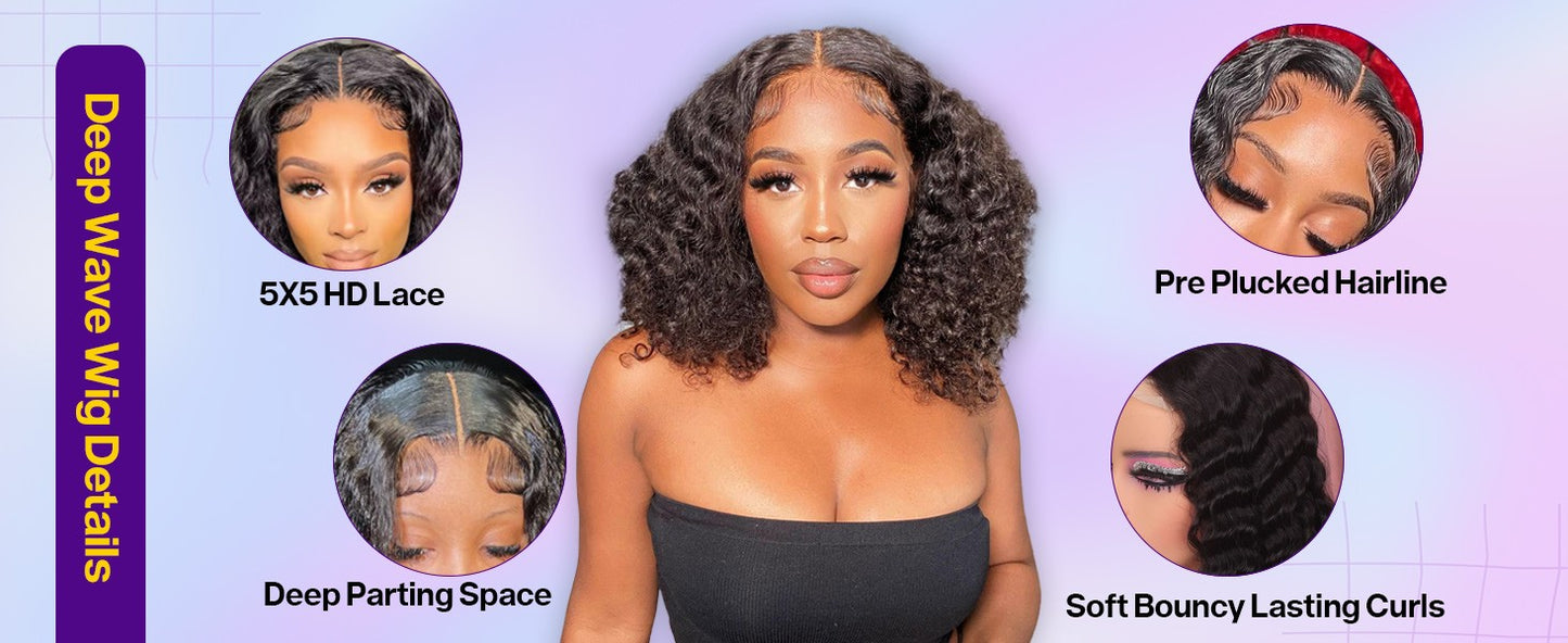 Peruca Bob Curta Sem Cola 250 Densidade 10 Polegadas Onda Profunda Perucas Bob Front Lace Cabelo Humano 5x5 Peruca Bob Sem Cola Cabelo Humano Pronta Para Usar