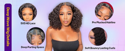 Peruca Bob Curta Sem Cola 250 Densidade 10 Polegadas Onda Profunda Perucas Bob Front Lace Cabelo Humano 5x5 Peruca Bob Sem Cola Cabelo Humano Pronta Para Usar