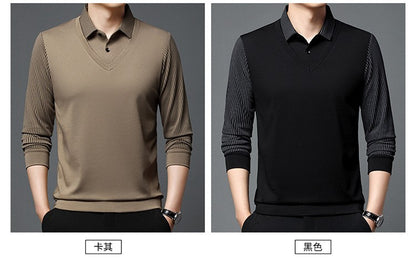 Fashion Fake Two-piece Men Long Sleeve Shirt Stripe Splice Lapel Loose Casual Pullover Tops 2025 Male Formal Business Polo Shirt