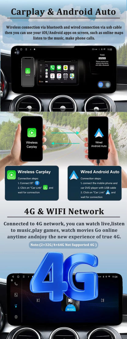 Wireless Carplay BT GPS Navi Tela ultrafina 4G Android 15 Carro Vídeo Player Multimídia Para Mercedes Benz GLK X204 2009 - 2012