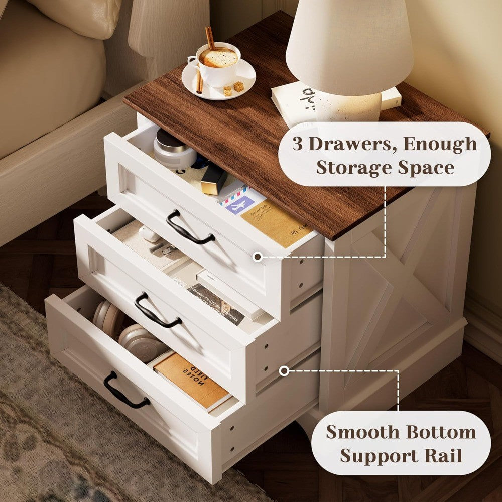 Nightstand with Drawers - Wide End Table with 3 Large Drawers & Bar Handles, Small Rustic Wood Chest of Drawers for Bedroom
