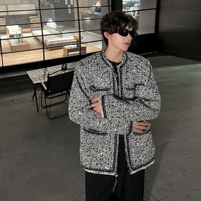 Korean Fashion Shiny Sequin Jacket Sliver Round Collar Long Sleeve Jackets Coats Autumn New Ladies Gentleman High Street