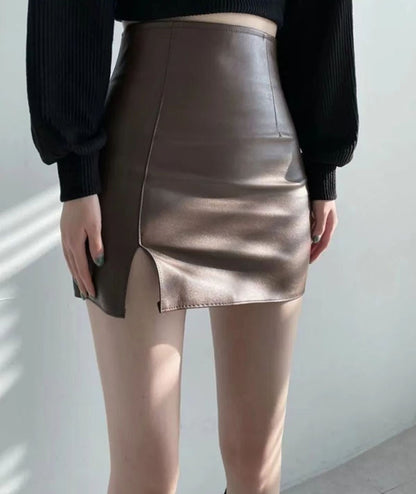 Xpqbb Balck PU Leather Mini Skirt Women Sexy Skinny High Waist Side Split Hip Skirts Autumn New Korean Office Lady Short Skirt