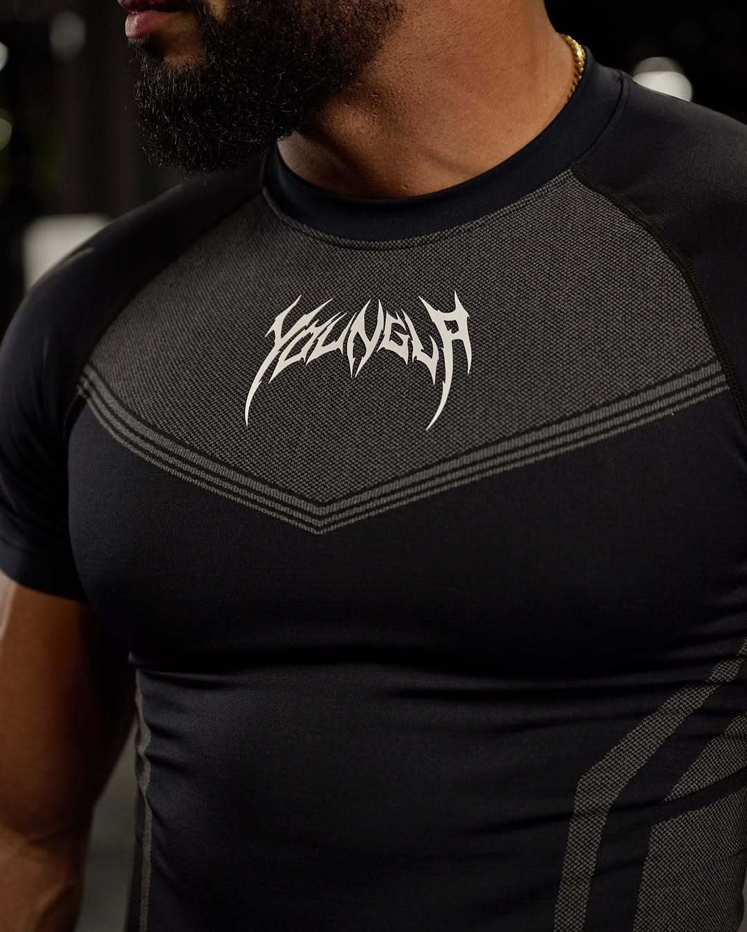 New YOUNG LA Men's Fitness Sports T-shirt Tights Men High Elastic Training Clothing Short Sleeve Tops Fitness Thirts For Men