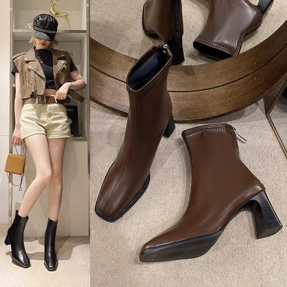High Quality High Heel Boots Women Leather Winter Boots Women Comfortable Warm Fur Women Ankle Boots Shoes Black Brown D159