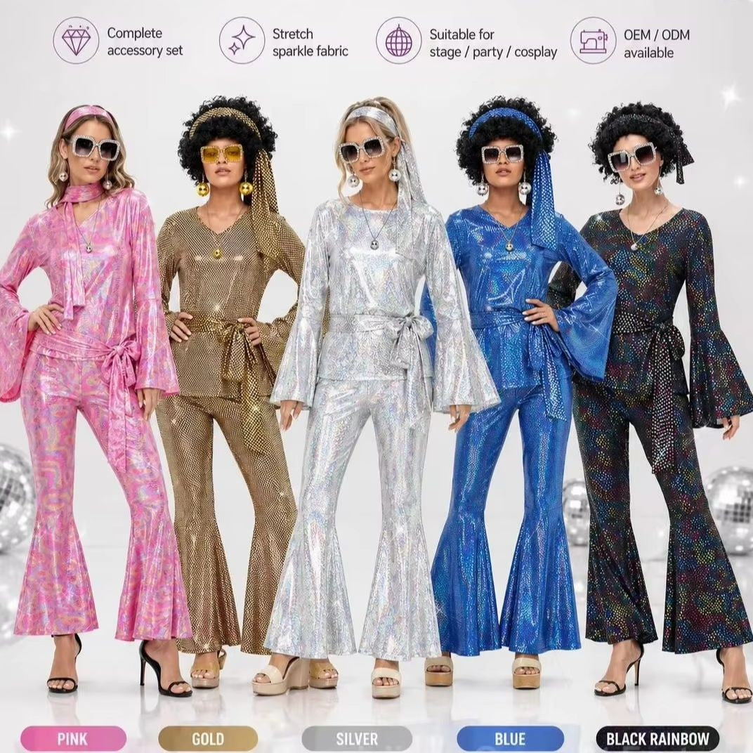 Ladies' Halloween disco party 70s disco costume set, including top, pants, sunglasses, necklace, earrings, and wig, role-playing