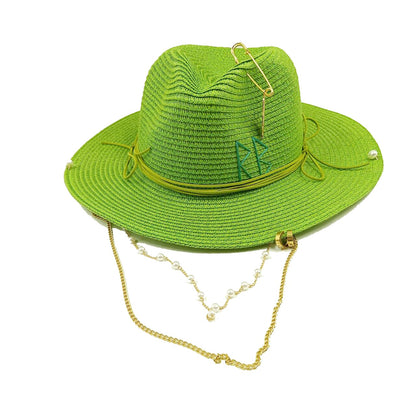 Chapéu de Palha Corrente Punk 2023 Novo Chapéu de Sol Acessórios Corrente Dourada Jazz Hip Hop Chapéu de Verão Estilo Punk Chapéu de Praia Chapéu de Igreja