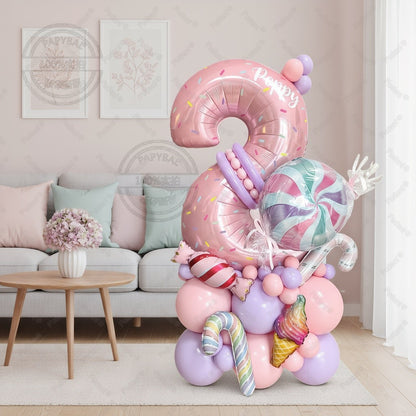Sweet Pink Lollipop Theme Balloon Column with 32inch Number IcecreamHappy Birthday Party Decora Gifts Supplies