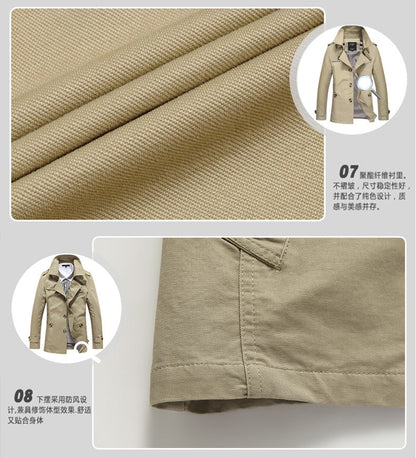Men's Spring and Autumn New Fashion Casual Cotton Trench Coat, Solid Color Lapel Single-breasted Mid-long Splicing Trench Coat