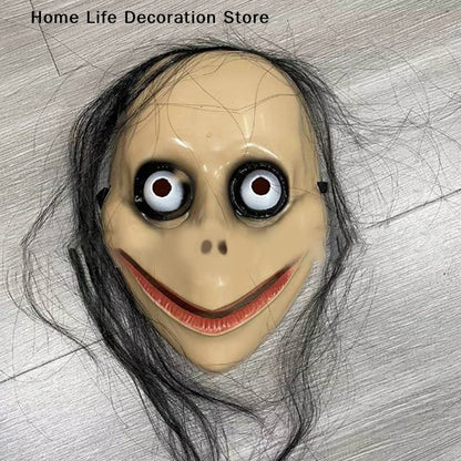 Halloween MO MO Mask With Long Hair Big Eyes Funny Mask Horror Ghost Party Costume Props V-shaped Mouth Mask Halloween Cosplay