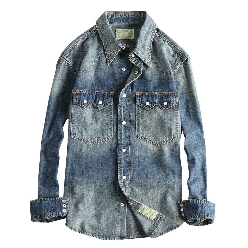 Autumn New American Retro Heavyweight Double Pocket Denim Cargo Shirt Men's Simple 100% Cotton Washed Casual Blouses Thin Jacket