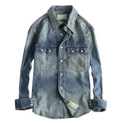 Autumn New American Retro Heavyweight Double Pocket Denim Cargo Shirt Men's Simple 100% Cotton Washed Casual Blouses Thin Jacket