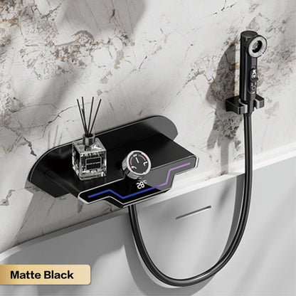 Luxury black brass wall mounted thermostatic bathroom faucet with LED digital display design, embedded hot and cold bathtub Tap