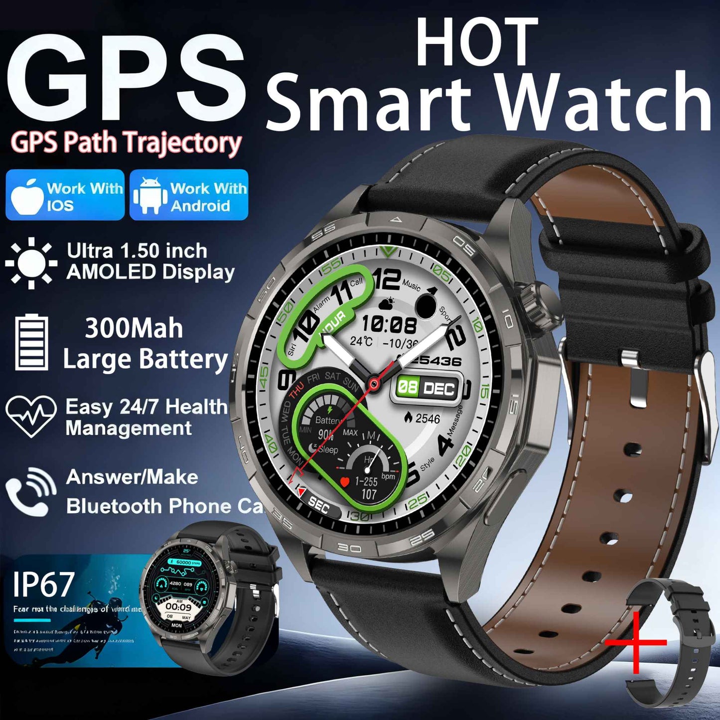 2026 Novo Smart Watch Masculino Relógio 6 AMOLED HD Tela Multi-Esporte Chamada Bluetooth GPS Trajetória Frequência Cardíaca Oxigênio no Sangue SmartWatches