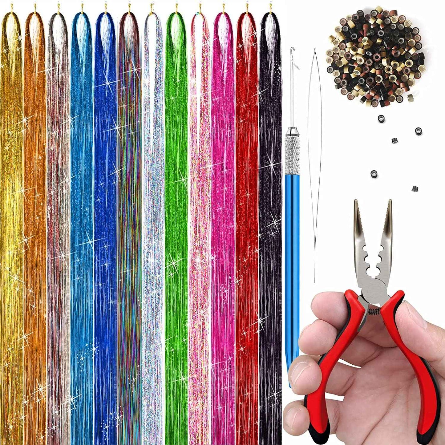 Hair Tinsel Kit With Tool 4200 strands Fairy Tinsel Hair Extensions 12 Color Sparkling Shiny Heat Resistant Highlights Glitter