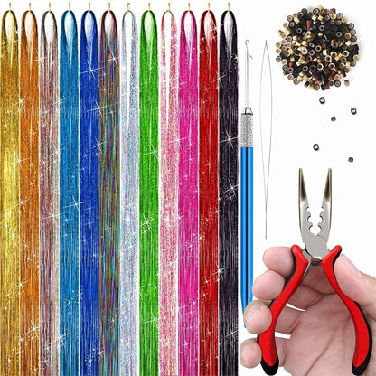 Hair Tinsel Kit With Tool 4200 strands Fairy Tinsel Hair Extensions 12 Color Sparkling Shiny Heat Resistant Highlights Glitter