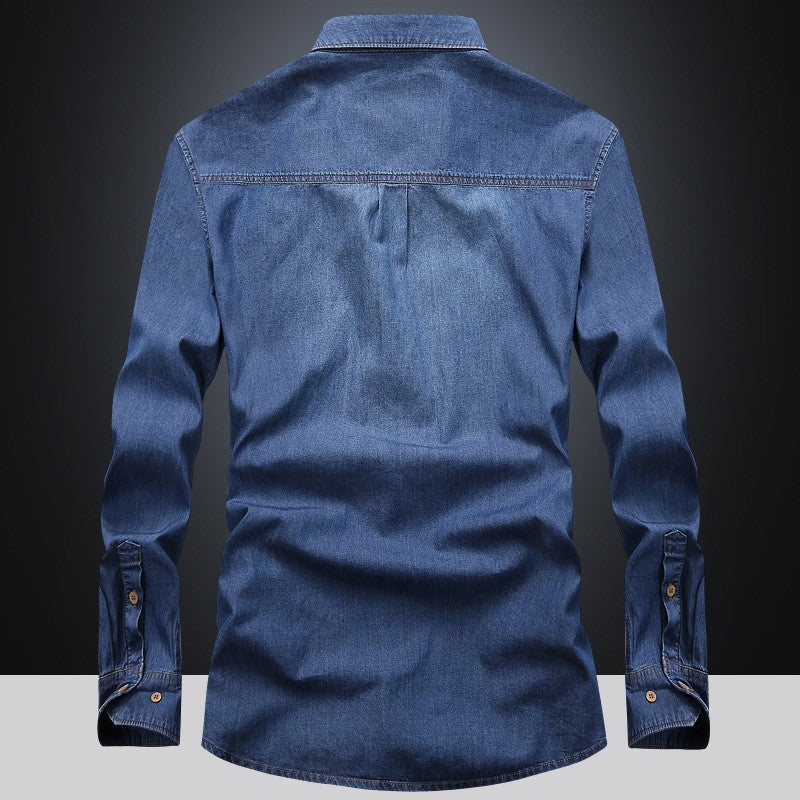 New Spring Man Long-sleeved Denim Shirts Men Outdoor Multi-pocket Tooling Shirts High Quality Male Cotton Casual Jeans Shirts 4