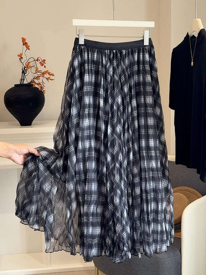 Mesh splicing color blocking plaid midi skirt for women in autumn 2025, new high waisted drape pleated loose umbrella skirt