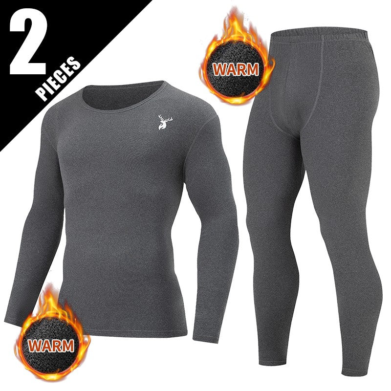 2-piece Autumn And Winter Men's Fashion Lucky Deer Pattern Solid Color Basic Warm Underwear Set Comfortable Long Sleeve Pants