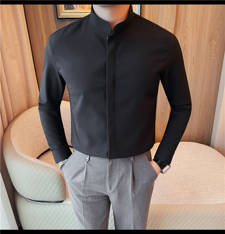 Men Standing Collar Shirt Long Sleeved 2024 Autumn British Style Solid Casual Hidden Button Elastic Slim Fit Formal Dress Shirt