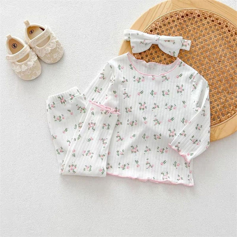 2Pcs Soft Breathable Kids Newborn Baby Pajamas Set 0-3Y Infant Pink Floral Cotton Home Wear Suit Toddler Girls Sweet Loungewear