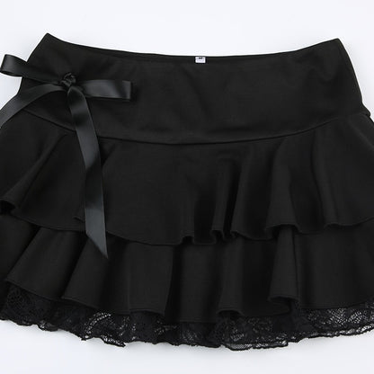 Goth Y2K Black Lace Trim Bow A Line Mini Skirt Women Korean Streetwear